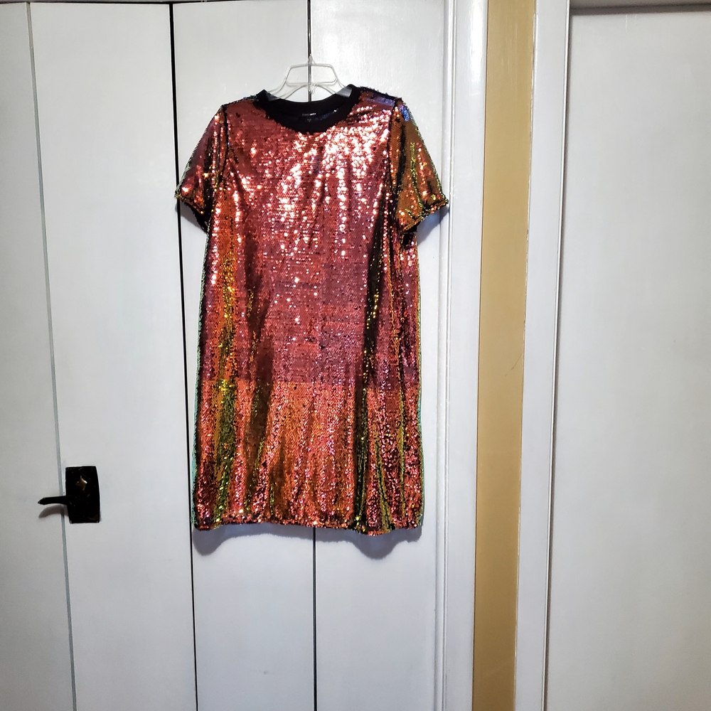 Fashion Nova Shimmering Sequin Dress - Red and Gold